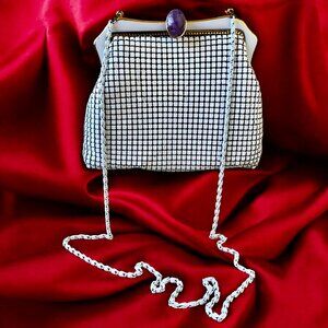 Andrew Geller Crossbody Handbag White Enamel Metal Mesh Gemstone Latch